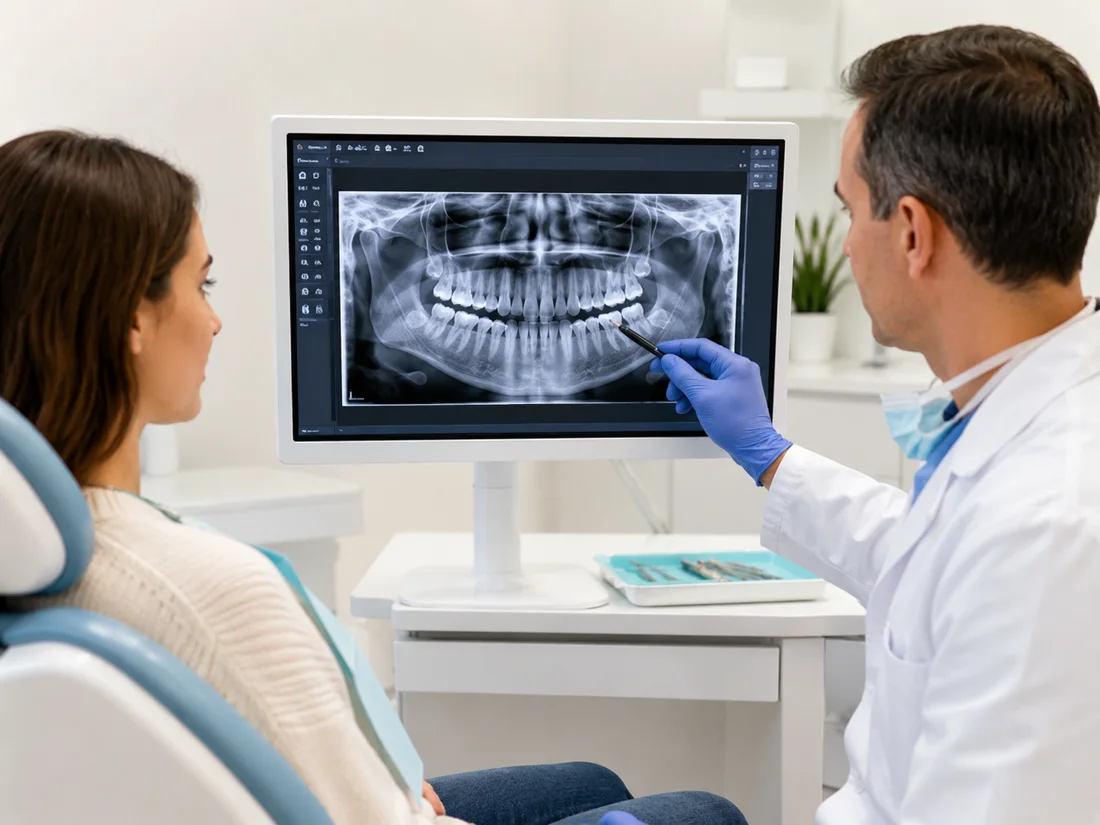 A dentist explaining a dental X-ray on screen to a patient in the chair
